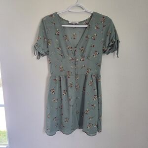 Purple Snow Cottagecore Milkmaid Mini  Green Floral Dress V-neck Button Front S